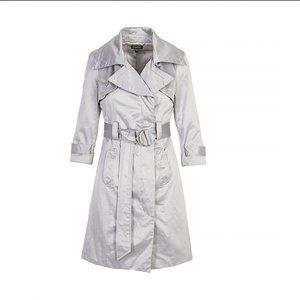 NEW BEBE Y2K Light Gray Silver Tailored Shiny Satin Knee Length Trench Coat S
